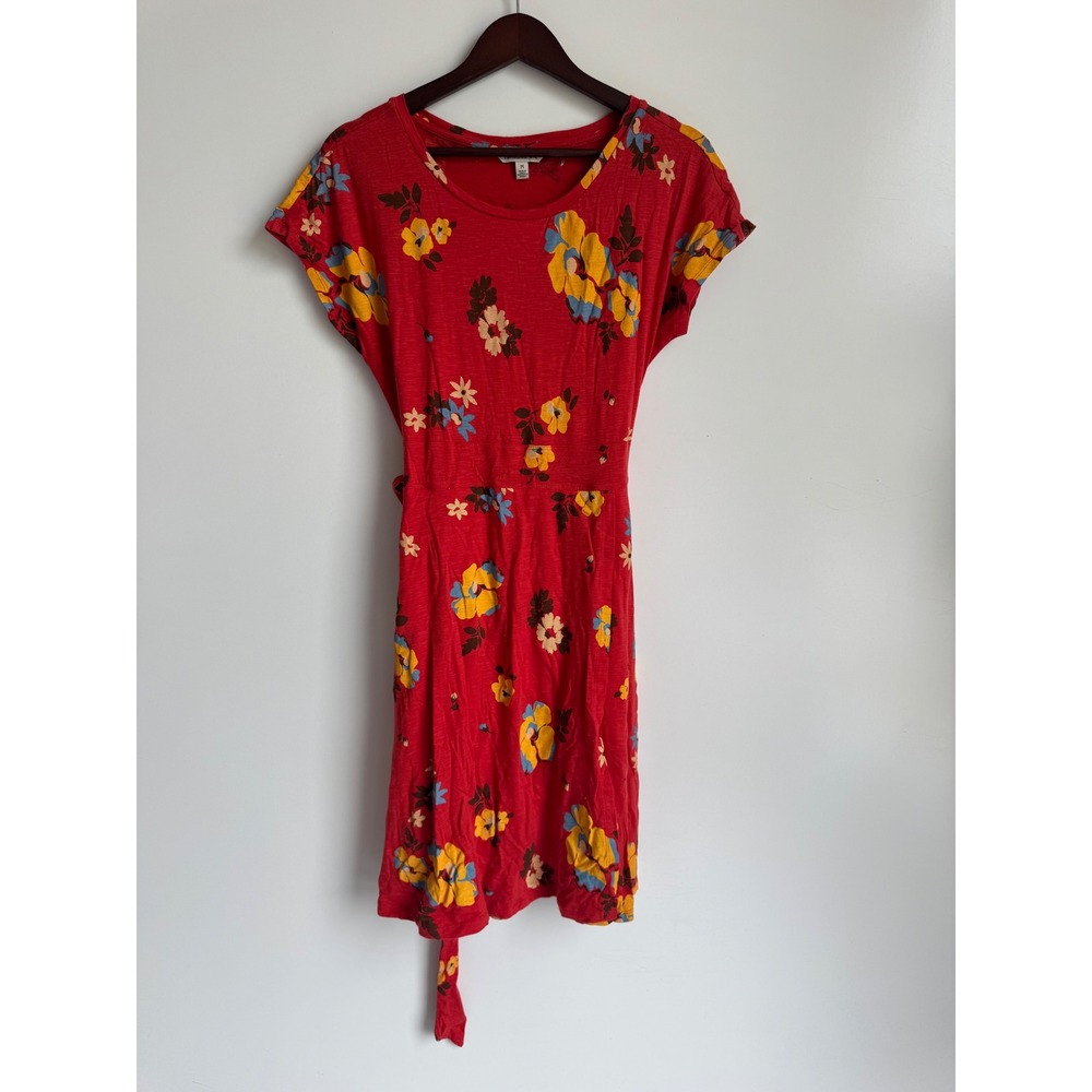 Toad & Co‎ Red Floral Tie Wrap Dress Tencel Organic Cotton Medium pockets midi